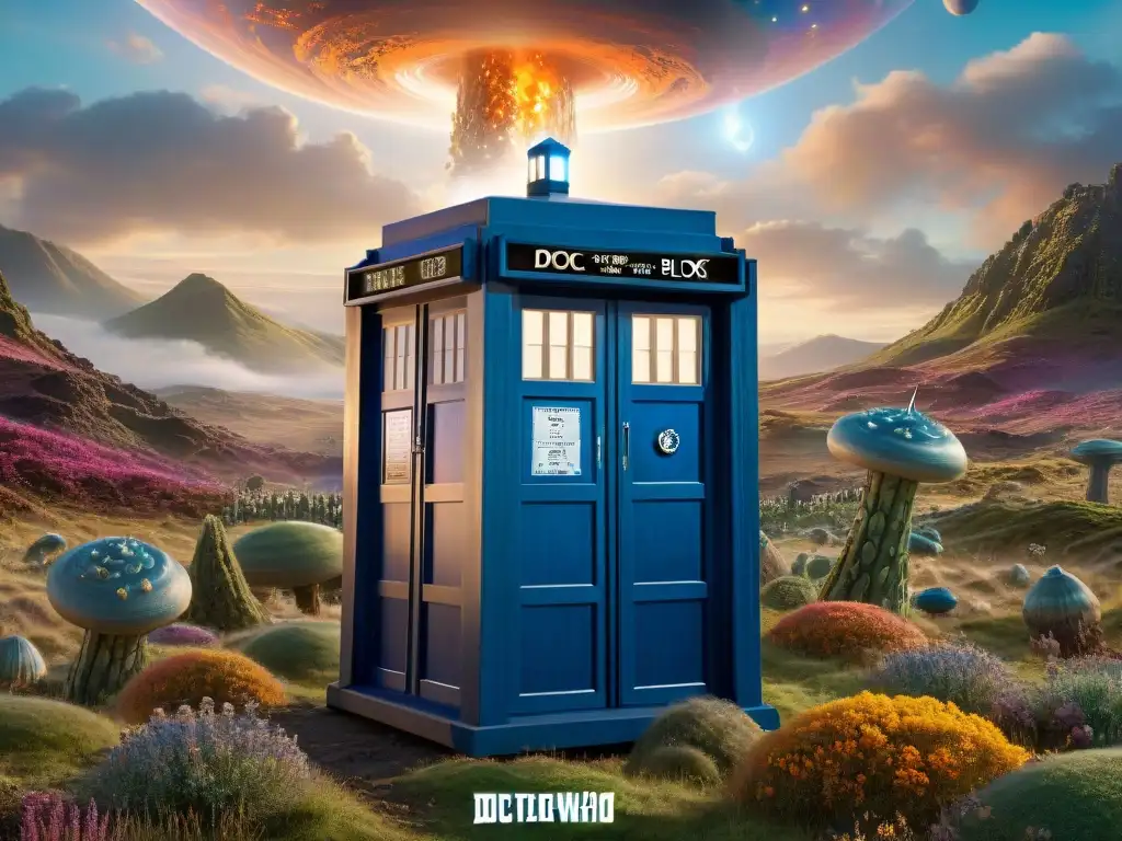 La TARDIS de 'Doctor Who' materializándose en un vibrante paisaje alienígena