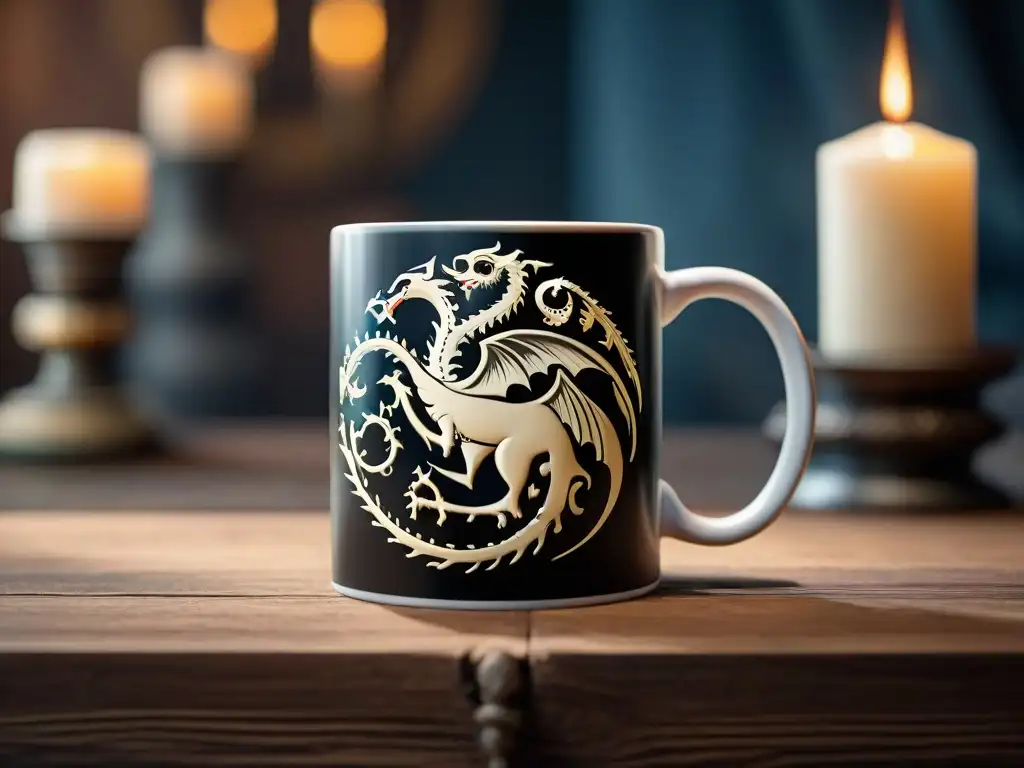 Una taza personalizada de Game of Thrones con detalles de dragones en una mesa de madera oscura iluminada por velas, ideal para amantes de la ficción