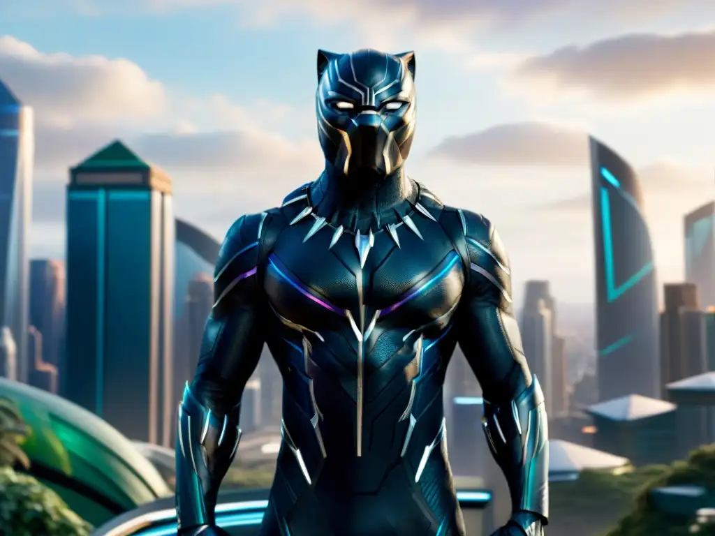 La tecnología de Wakanda en Black Panther cobra vida en un traje detallado, fusionando tradición e innovación en un escenario futurista