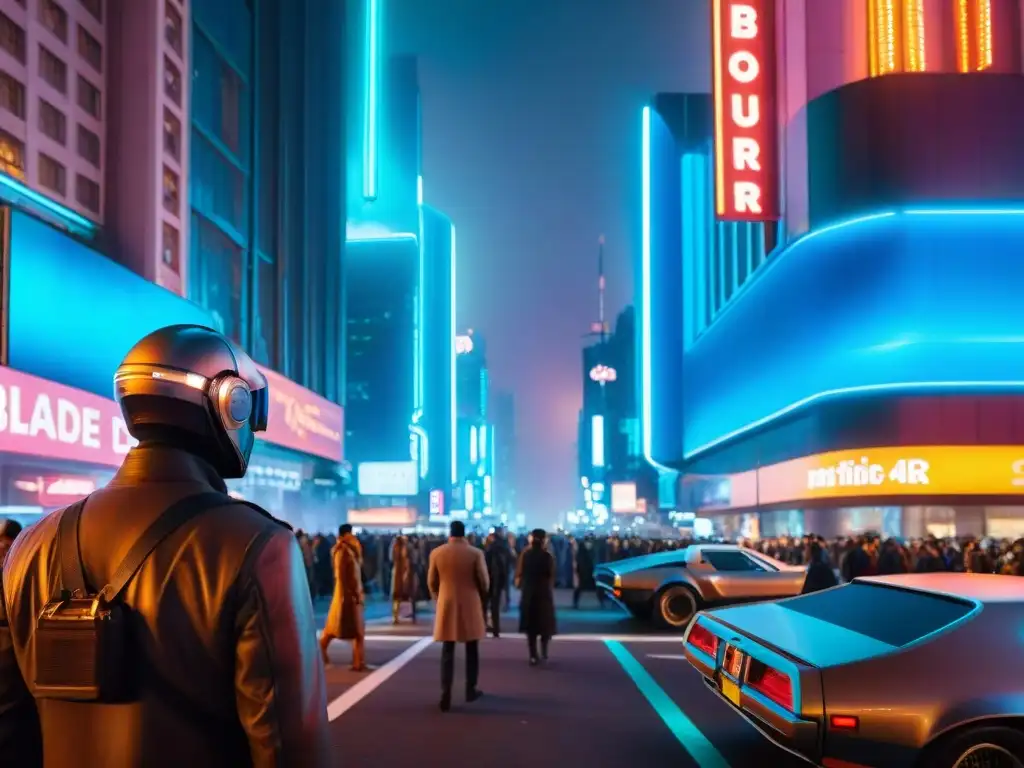 Exploración sociedad tecnológica Blade Runner: Ciudad futurista nocturna con luces neón, anuncios holográficos y gente vestida de forma avanzada