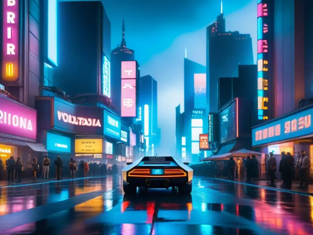 Exploración sociedad tecnológica Blade Runner: Ciudad futurista nocturna, luces neon, hologramas y carros voladores