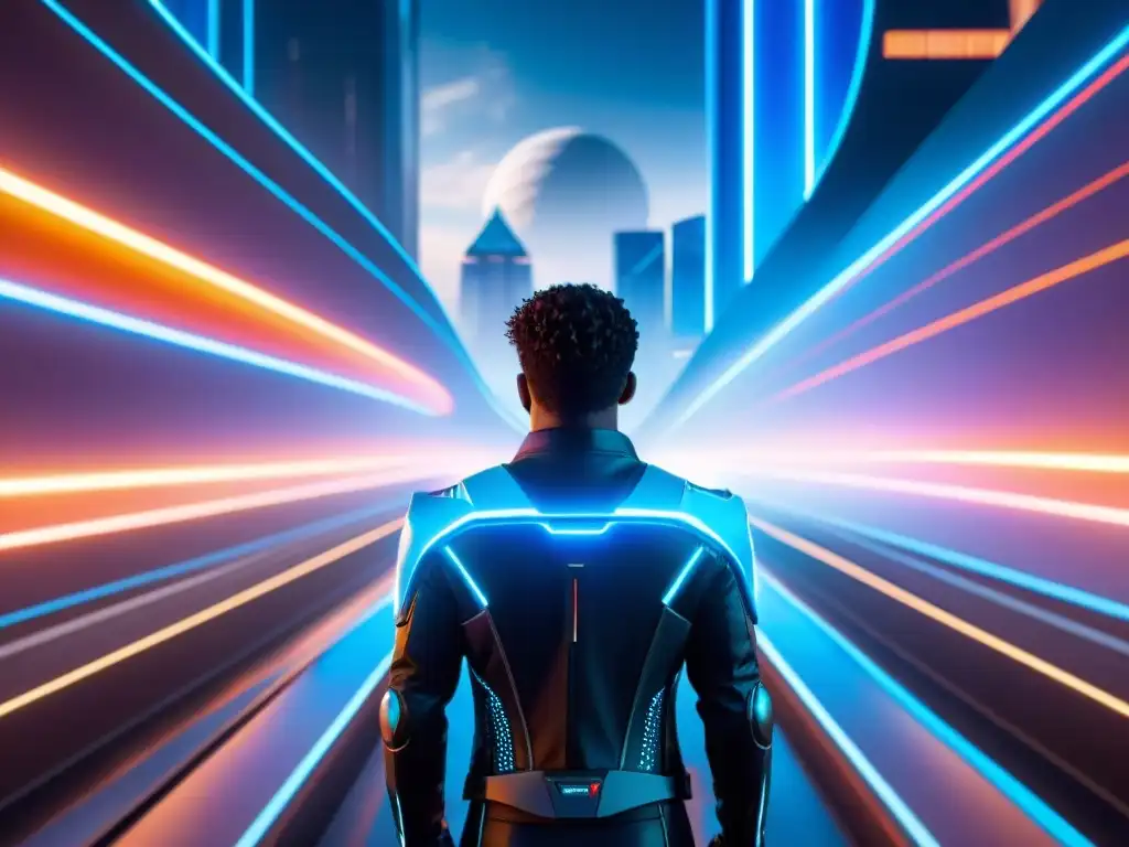 Innovación tecnológica en universos ficticios: Escenas vibrantes y futuristas de las icónicas light cycles de 'Tron' surcando paisajes digitales llenos de neon y rascacielos de circuitos brillantes