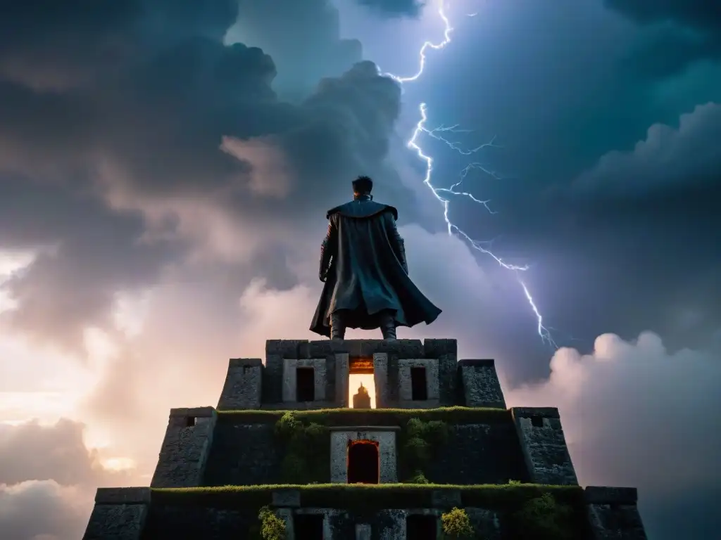 Un temible villano se alza en una torre de piedra en ruinas, bajo nubes tormentosas y un rayo iluminando la escena