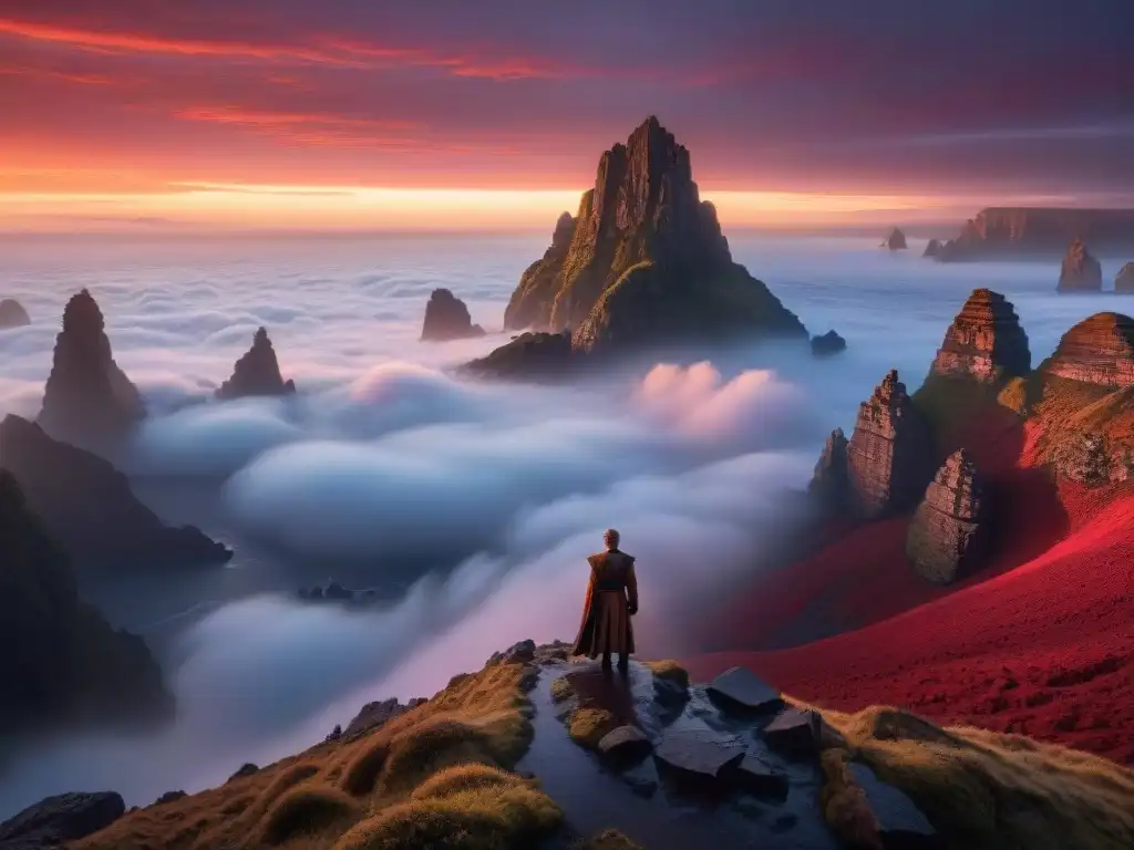 Temple Jedi de Luke Skywalker en el planeta AhchTo, con un atardecer rojo sangre