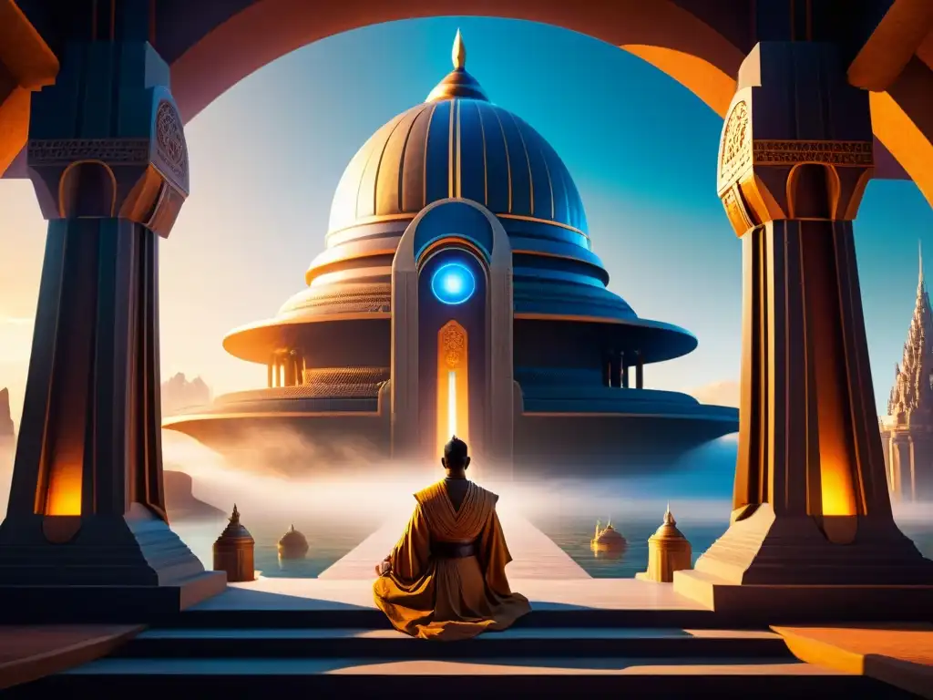 Los Jedi meditan en el Templo en Coruscant al atardecer, evocando la mitología de la Fuerza en Star Wars