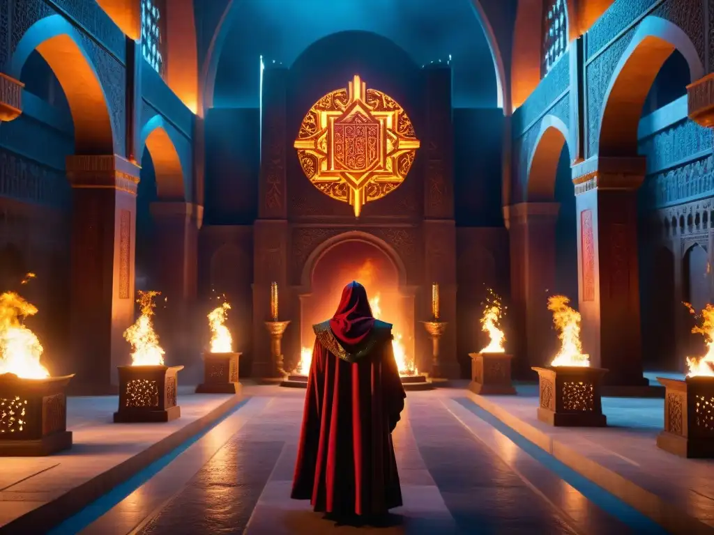 Un templo grandioso iluminado por antorchas, con símbolos de R'hllor y figuras en túnicas rojas