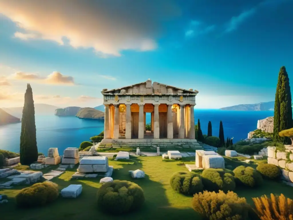 Templo griego antiguo bañado en luz dorada frente al mar Templo griego antiguo bañado en luz dorada, con columnas de mármol y vistas al mar, evocando a los dioses griegos en Percy Jackson