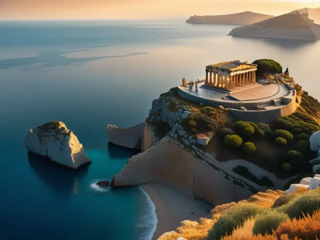 Templo griego majestuoso en acantilado al atardecer, con criaturas míticas