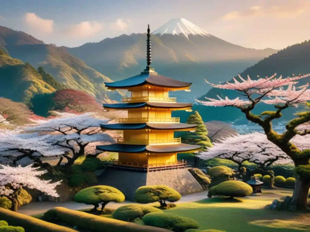 Un templo japonés majestuoso entre cerezos en flor, con un atardecer dorado sobre montañas