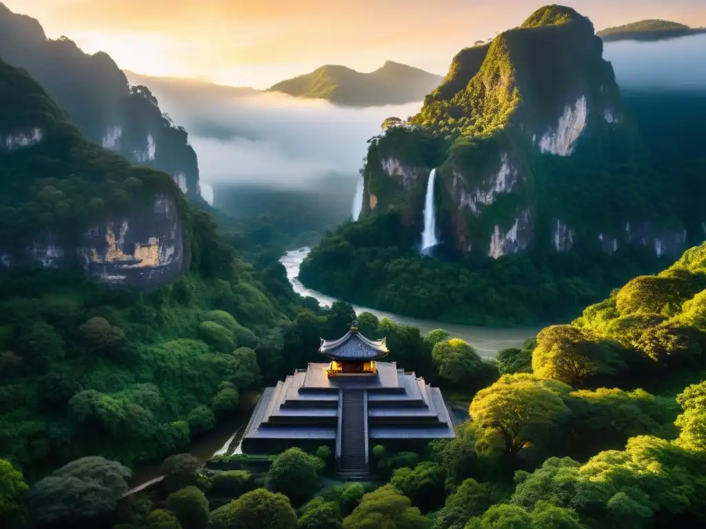 Templo majestuoso en montaña con pilares de piedra, bosques verdes, cascada y atardecer dorado