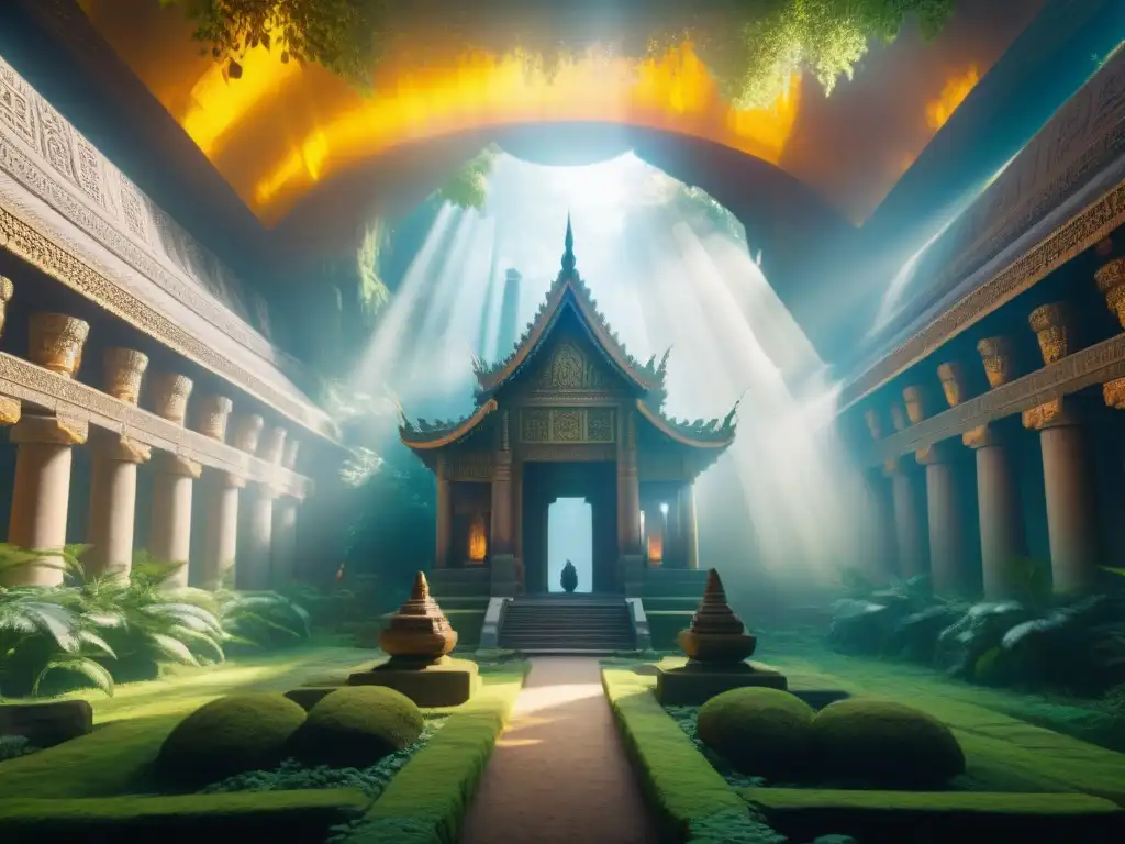 Templo místico en la selva: encuentro entre pasado y futuro Un templo mítico en la selva con seres celestiales, símbolos antiguos y exploradores del futuro, reinvención mitología antigua Star Wars