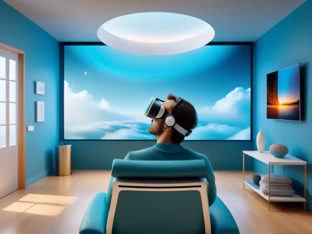 Una terapia virtual futurista inspirada en la película Eternal Sunshine: Paciente inmerso en paisaje digital surrealista