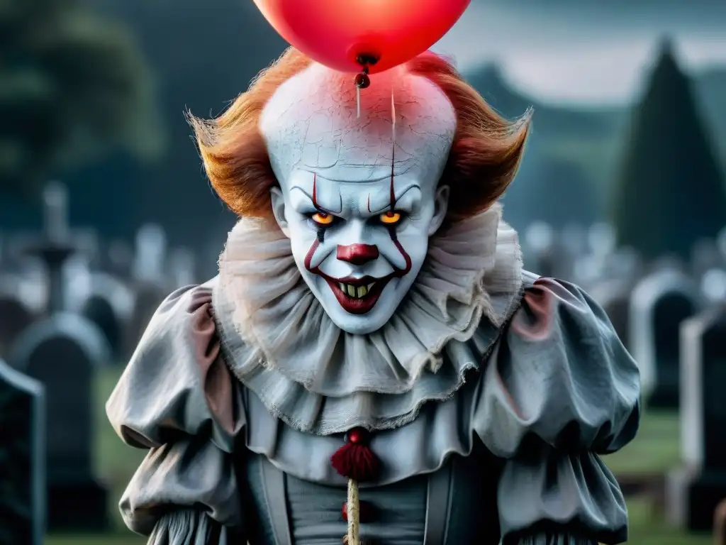 Una terrorífica confrontación entre Pennywise y Valak, en un escenario tenebroso con un cementerio neblinoso y luna llena