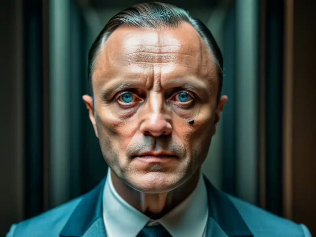 Intensos ojos de Hannibal Lecter: retrato psicópata El texto ALT es: 'Intensa mirada de Hannibal Lecter en penumbra, capturando la psicopatía en Hannibal análisis