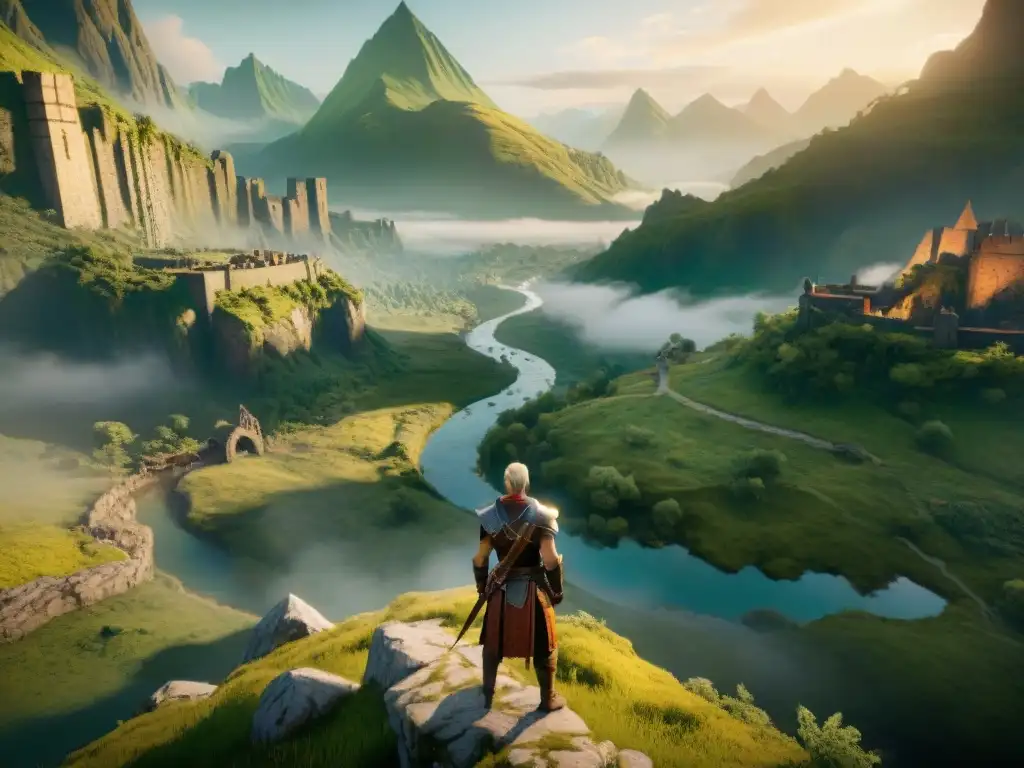 Geografía de Thedas en Dragon Age: Paisaje exuberante con montañas, río serpenteante, ruinas antiguas al atardecer