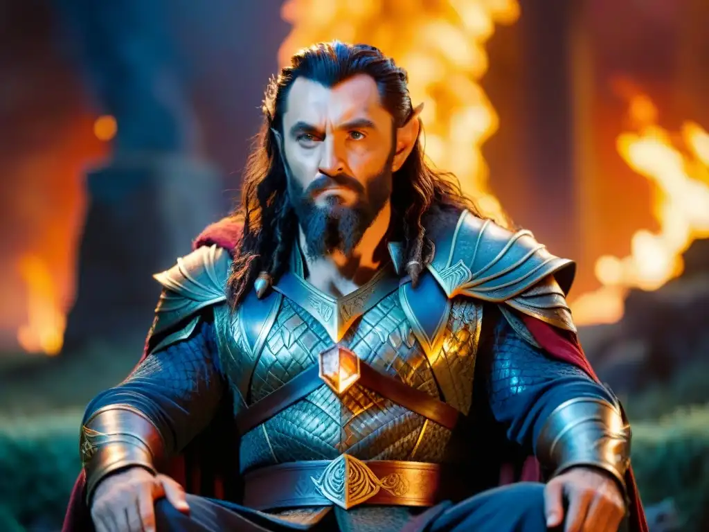 Thorin Oakenshield en su trono, con el poder del Arkenstone iluminando su rostro y Smaug en la sombra