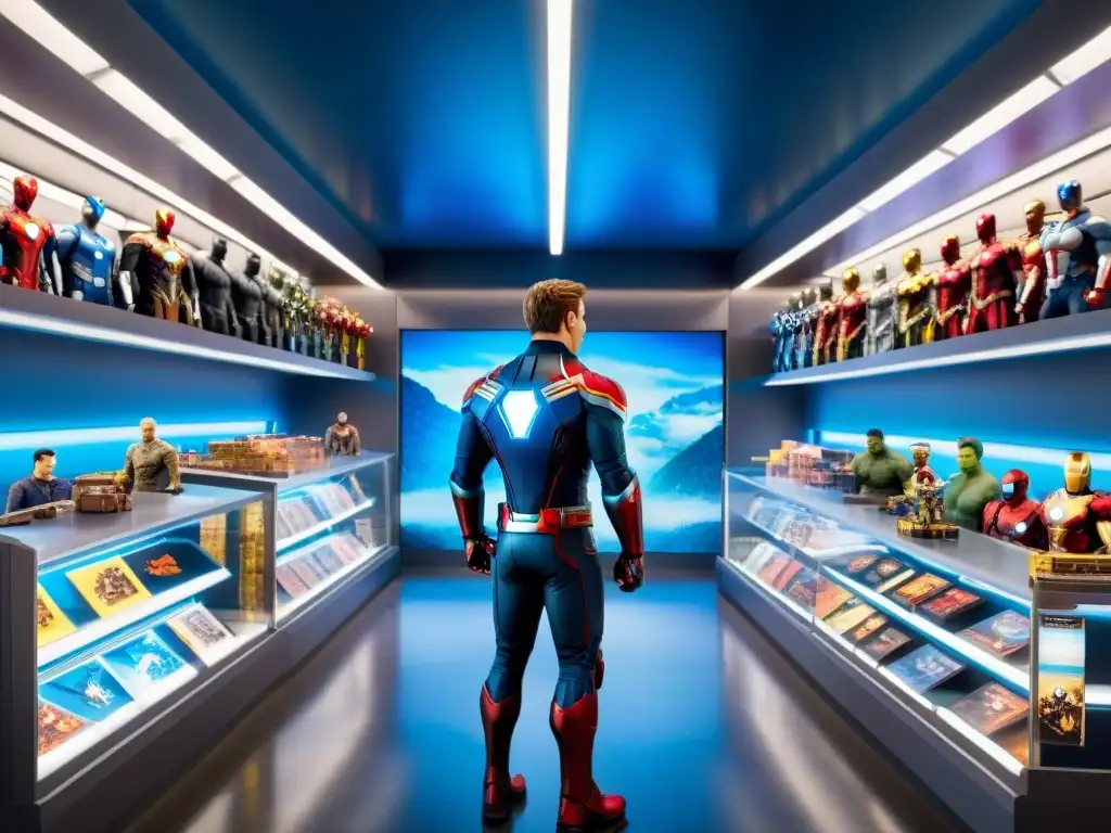 Una tienda bulliciosa de merchandising personalizado en un universo ficticio de Marvel, con trajes de superhéroes y figuras de acción