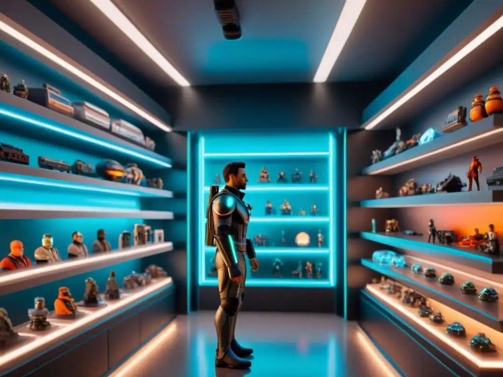 Una tienda futurista de figuras clásicas ciencia ficción 2023, iluminada por neones y llenas de detalles