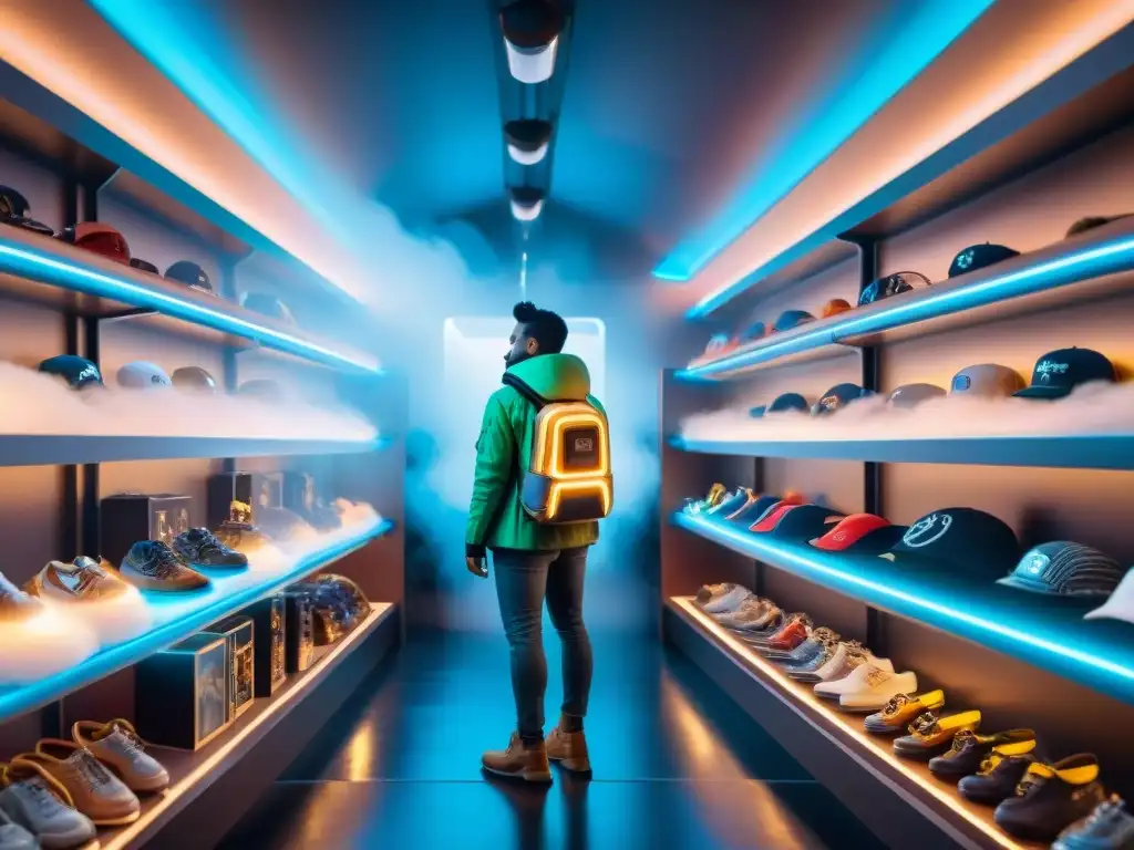 Tienda de merchandising futurista: gadgets y coleccionables inspirados en universos ficcionales Una tienda futurista de merchandising personalizado de universos ficticios, iluminada con luces de neón y productos únicos