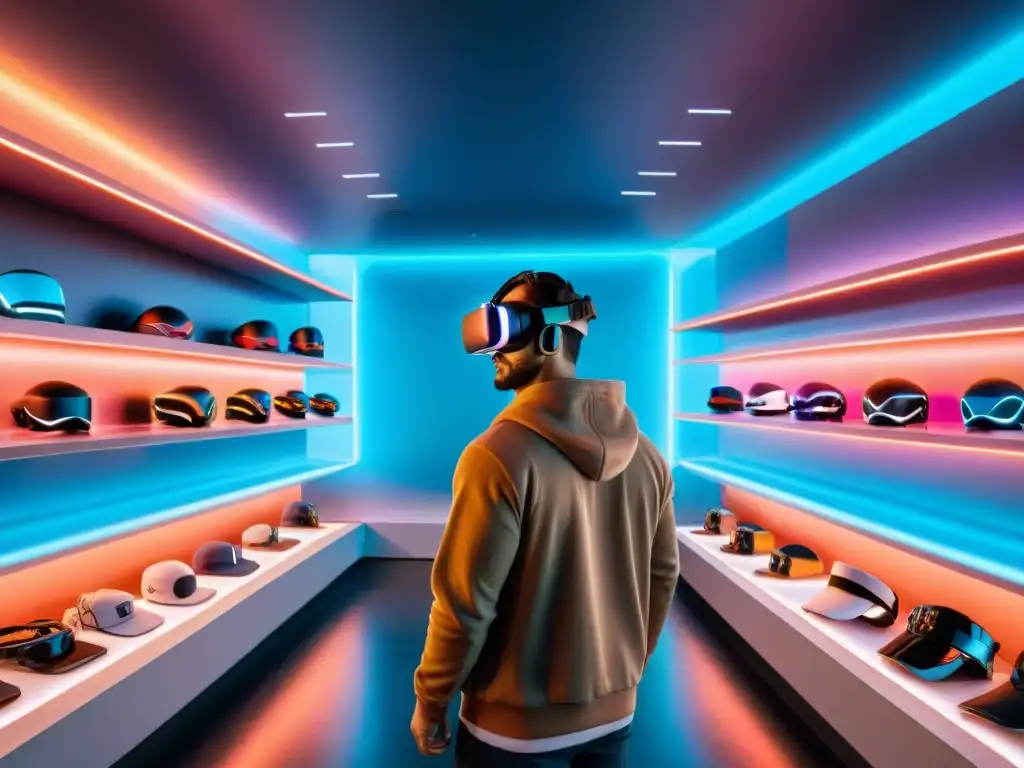 Una tienda de realidad virtual futurista con merchandising personalizado en mundos ficticios, clientes probando productos y hologramas