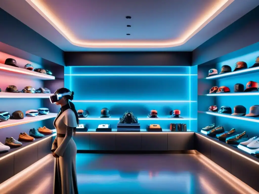 Tienda futurista de realidad virtual con merchandising personalizado de universos ficticios Tienda de realidad virtual futurista con merchandising personalizado de universos ficticios en estantes holográficos de alta tecnología