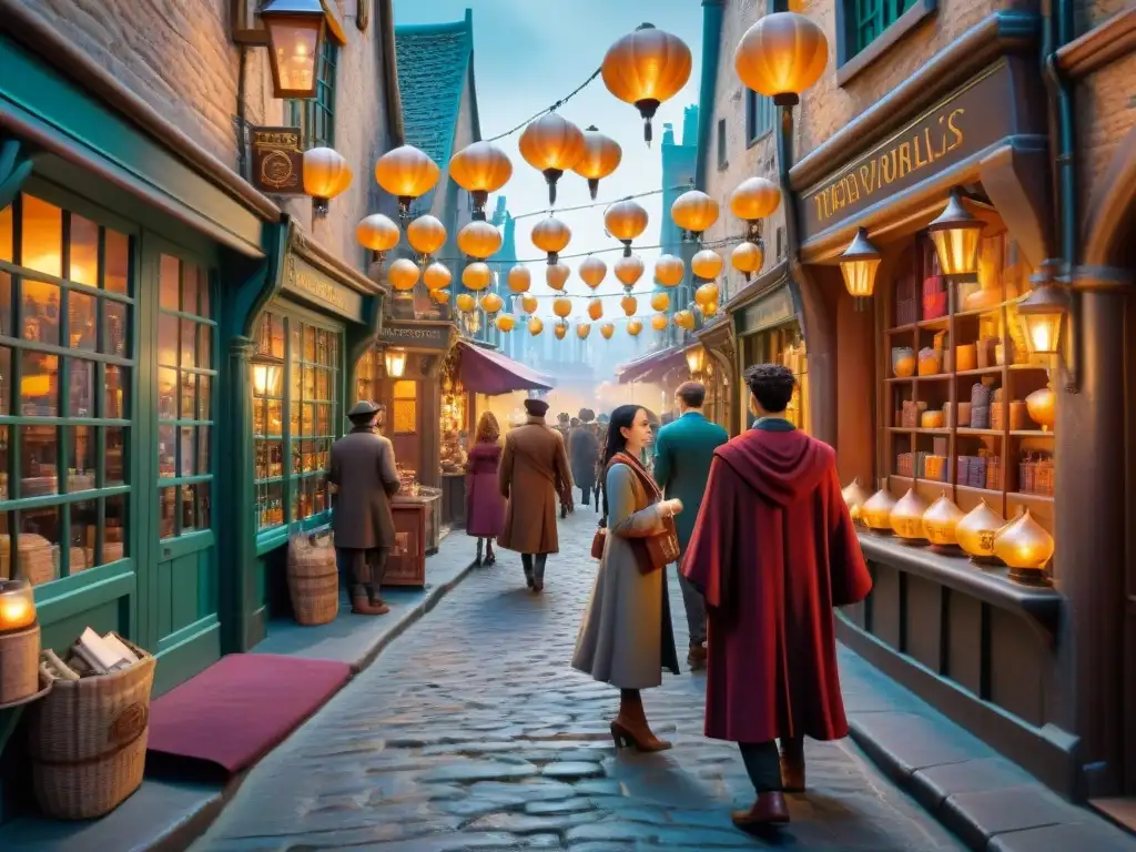 Alley mágica con tiendas de merchandising personalizado inspirado en mundos ficticios