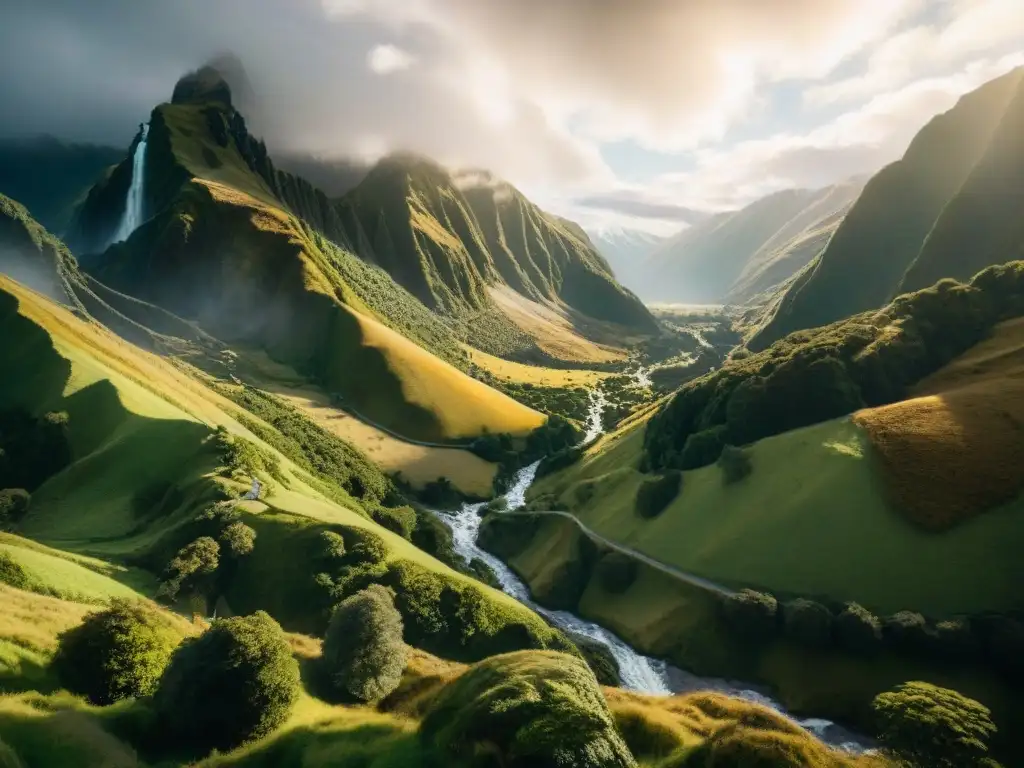 Transformación de Tierra Media en películas: paisaje épico de Nueva Zelanda con valles verdes, montañas nevadas y cascadas, bajo un cielo dramático