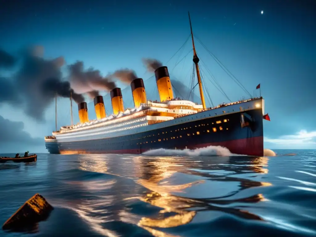El Titanic se hunde en aguas heladas, iluminado por la luna en una escena dramática y conmovedora