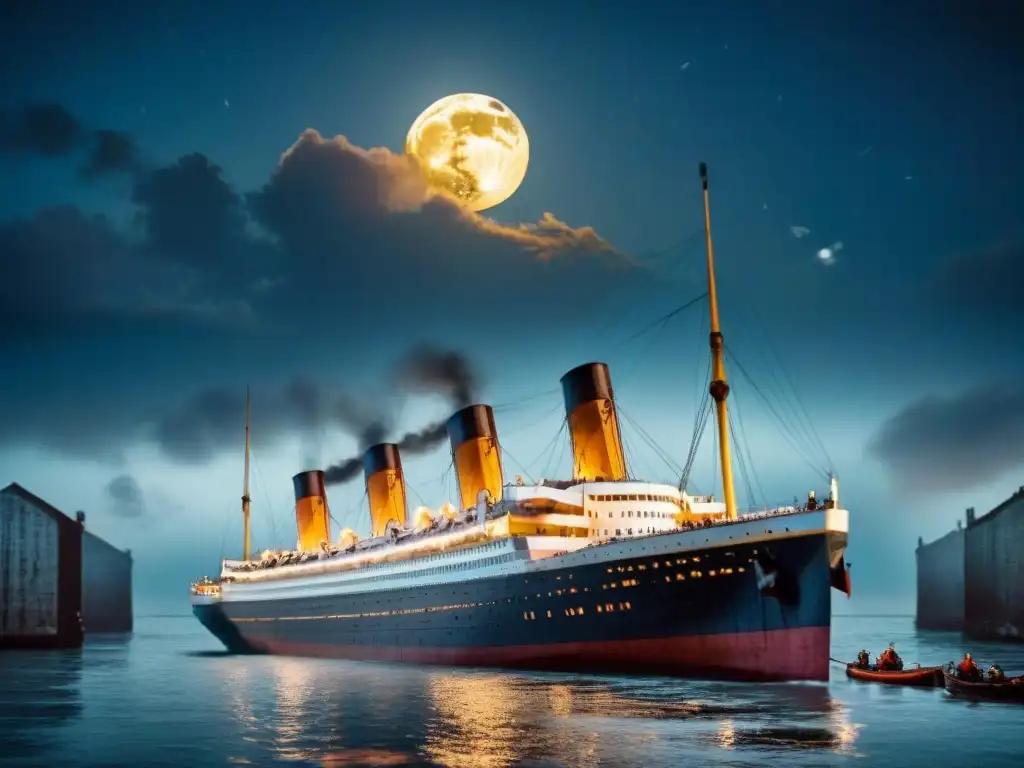 El Titanic se hunde en aguas heladas, con la luna brillando sobre los botes salvavidas dispersos