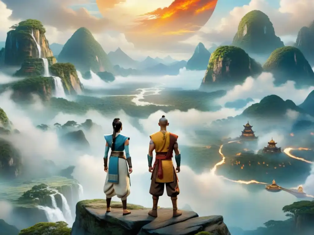 Increíble ilustración de Aang, Katara, Sokka, Toph y Zuko en paisaje majestuoso representando las naciones de Avatar