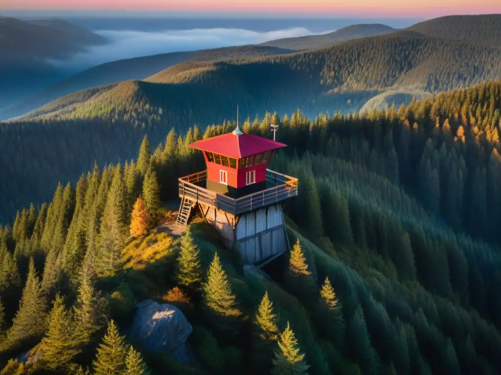 Torre de vigilancia solitaria al borde del acantilado en un bosque misterioso al atardecer