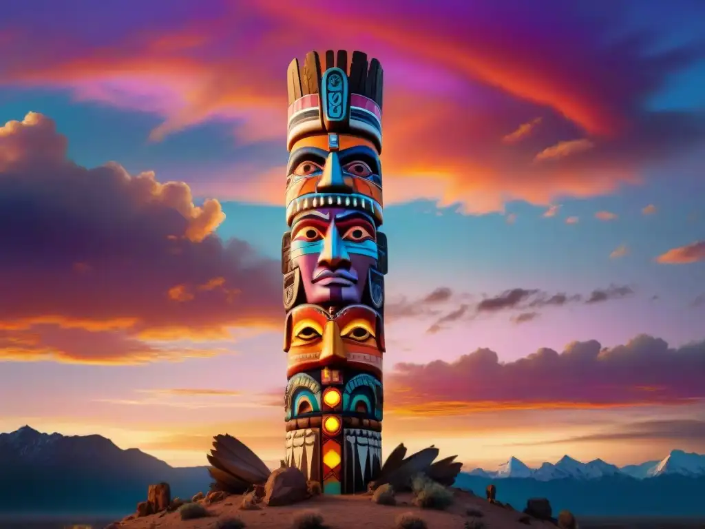 Un totem nativo americano detallado y colorido se alza contra un majestuoso atardecer en tonos naranja, rosa y morado