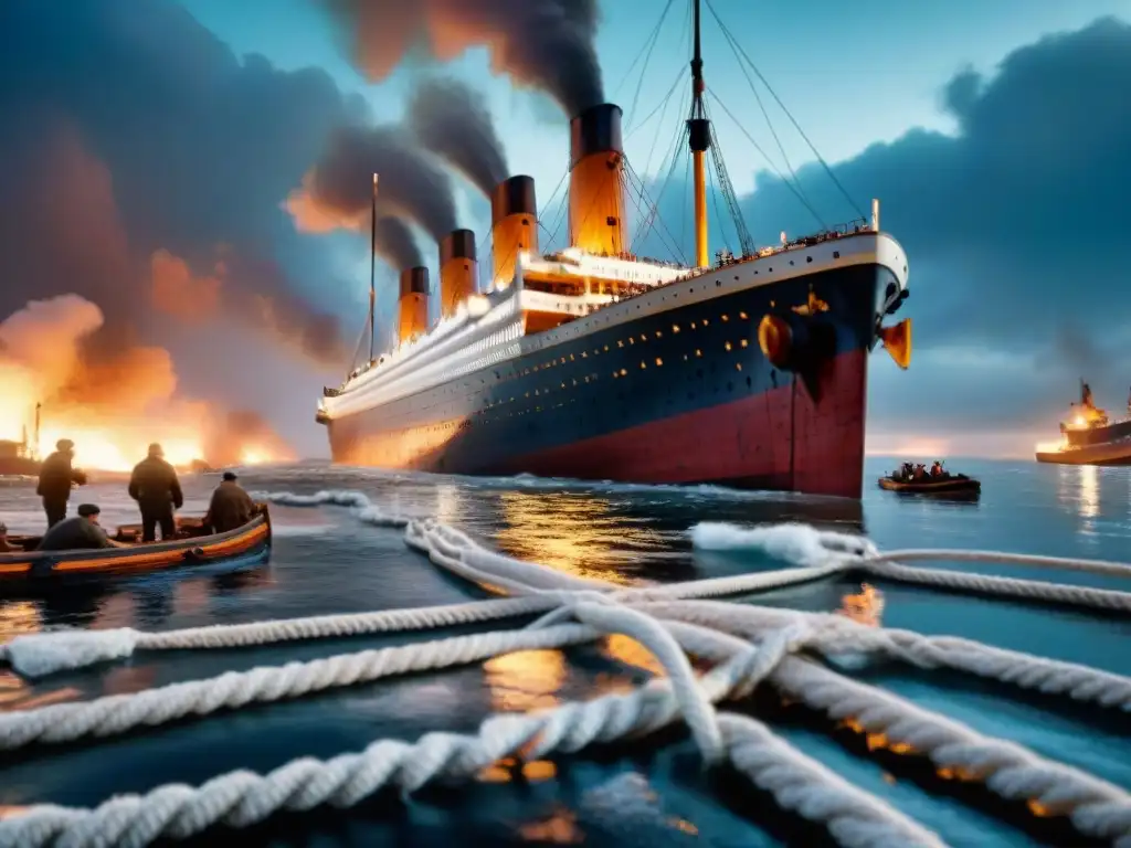 El trágico romance del Titanic en su desastre marítimo, con dramática iluminación y pasajeros desesperados en botes salvavidas