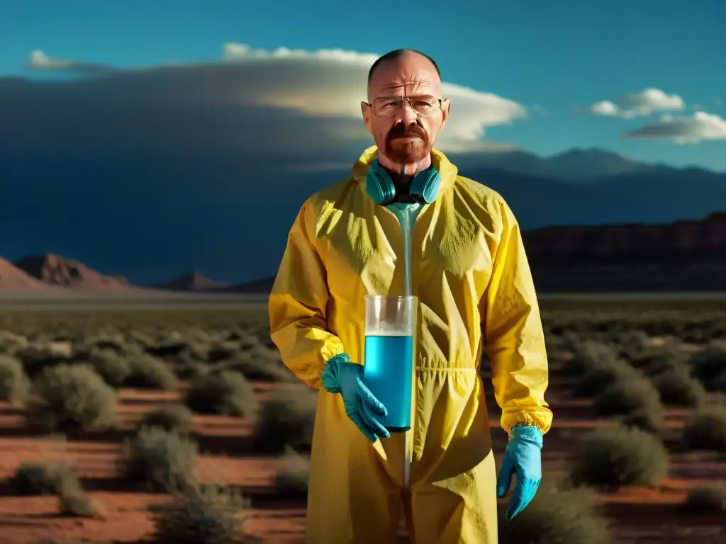 Walter White en traje amarillo, con cristales azules, refleja moralidad y crimen en ficción en desierto de Albuquerque