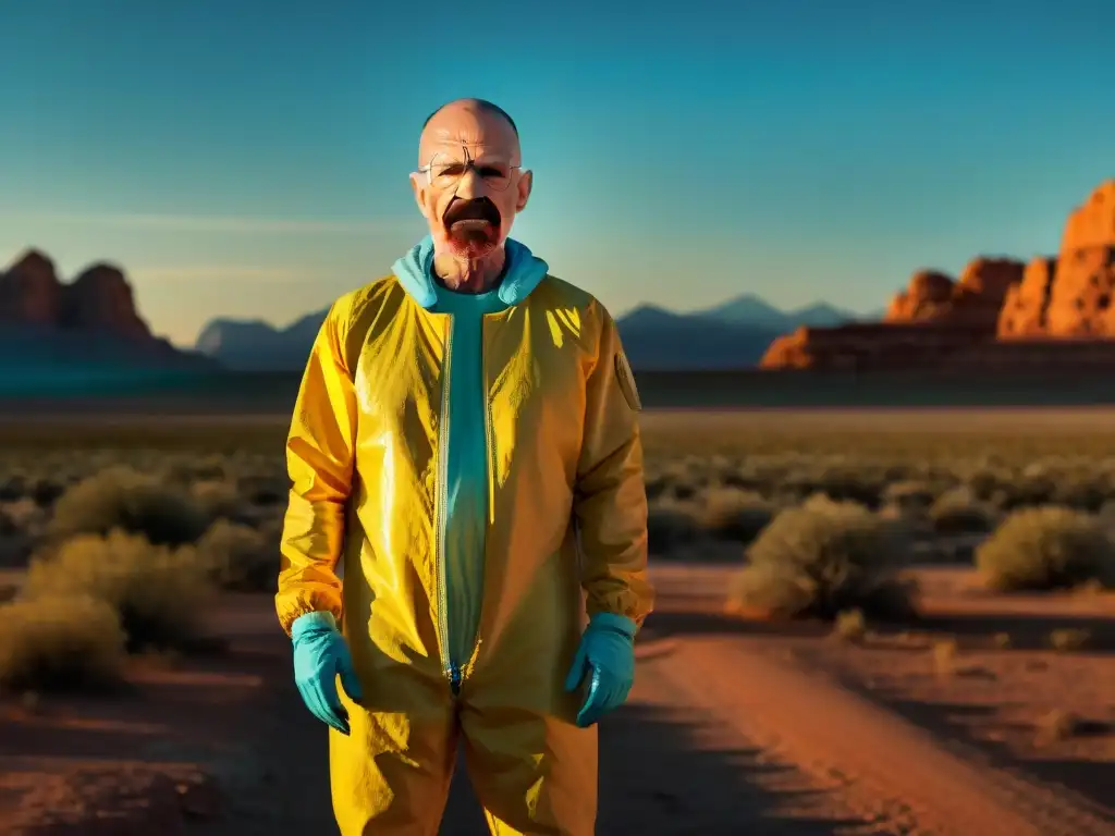 Walter White en traje amarillo en el desierto con RV y cristales de metanfetamina, reflejando moralidad y crimen en ficción