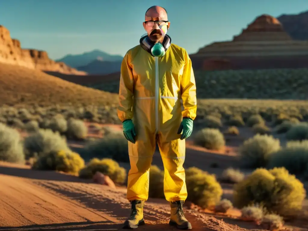 Walter White en traje amarillo en el desierto de Nuevo México, reflejando moralidad y crimen en ficción