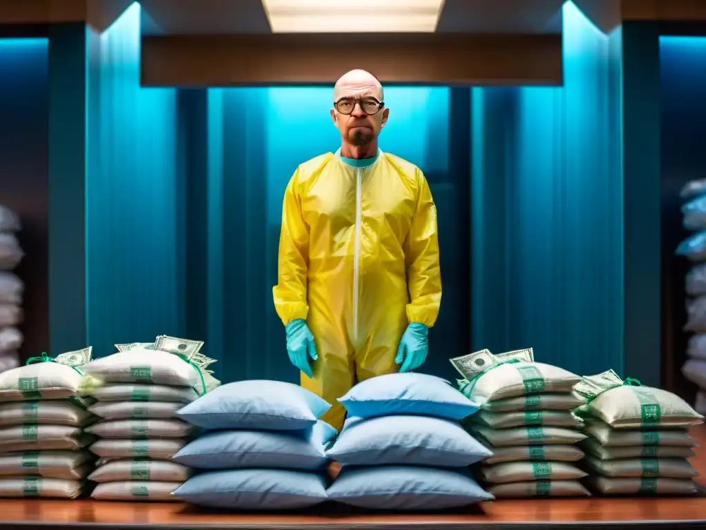 Walter White en su traje amarillo, rodeado de dinero y cristal azul, refleja la moralidad y crimen en ficción