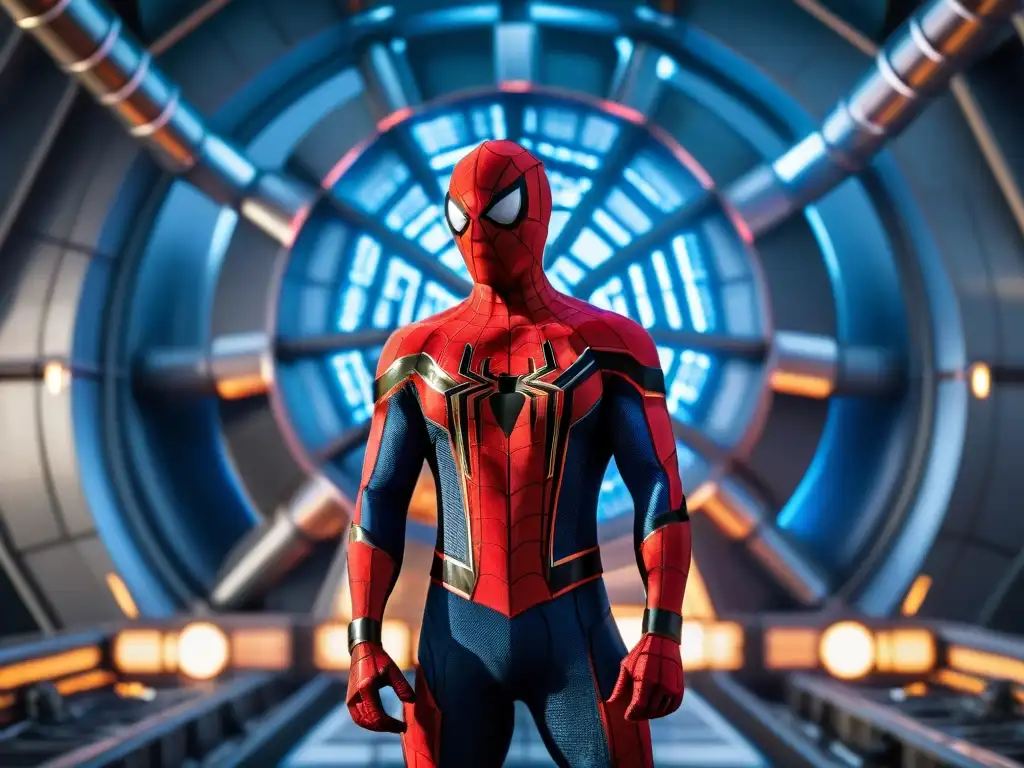 SpiderMan en su traje icónico frente al reactor nuclear, con detalles intrincados y atmósfera hightech