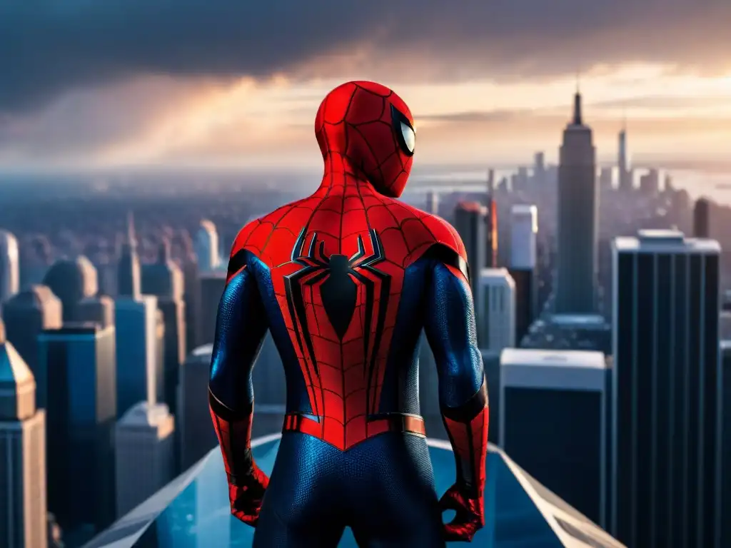 Spiderman en traje rojo y azul, de pie en un rascacielos al atardecer, reflejando la responsabilidad en el Universo Marvel