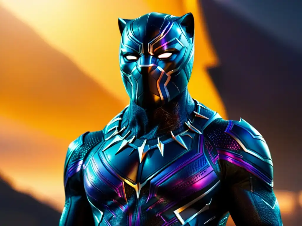 Traje de Black Panther con tecnología de Wakanda, detalles intrincados y vibranium brillante bajo el sol de Wakanda