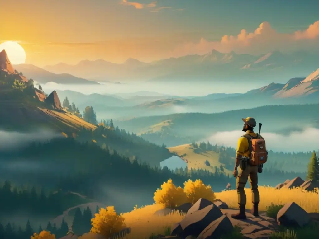 En el tranquilo paisaje de Firewatch, Henry reflexiona solo en un acantilado al atardecer