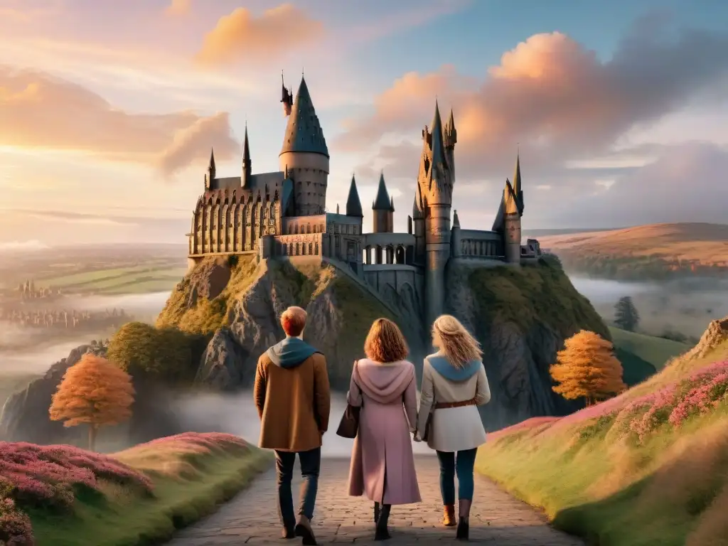 El trío de Harry Potter, Hermione y Ron frente al castillo de Hogwarts al atardecer, listos para una nueva aventura