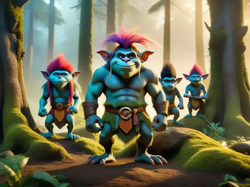 La evolución de los trolls en folklore: poderosos seres emergen de un bosque místico al anochecer, con tribalismos y armas antiguas