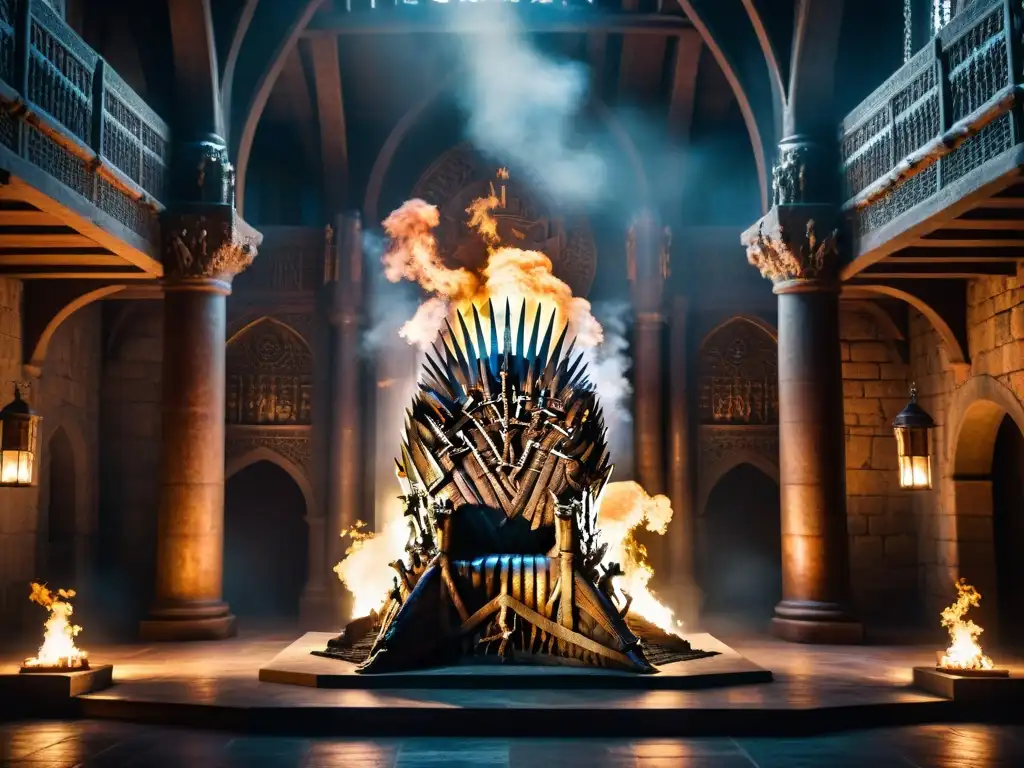 Un trono de hierro majestuoso en una sala medieval, con antorchas, tapices y un ambiente de poder y traición al estilo 'Game of Thrones'
