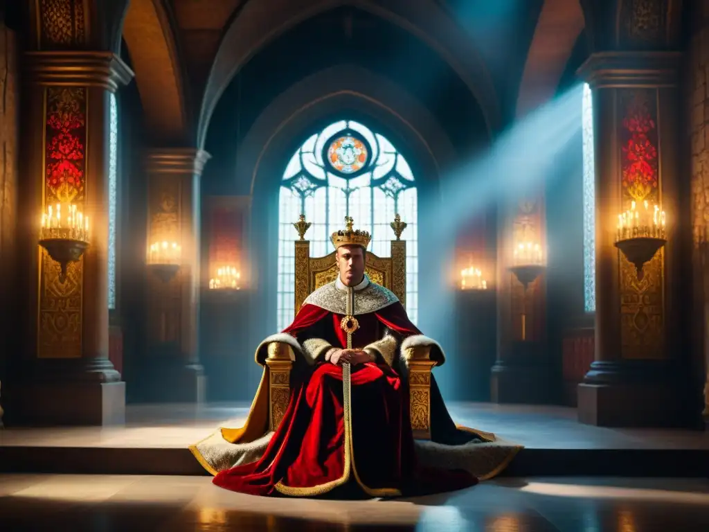 Un trono majestuoso en un castillo medieval, escenario de la Monarquía Constitucional en La Reina Roja