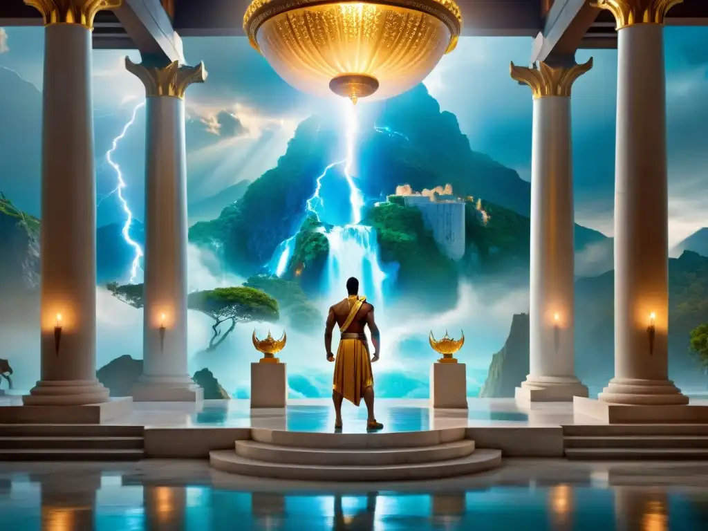 El trono de Zeus en el Monte Olimpo: majestuoso y misterioso El trono de Zeus en el Monte Olimpo, con una atmósfera mística y majestuosa al estilo de los dioses griegos en Percy Jackson