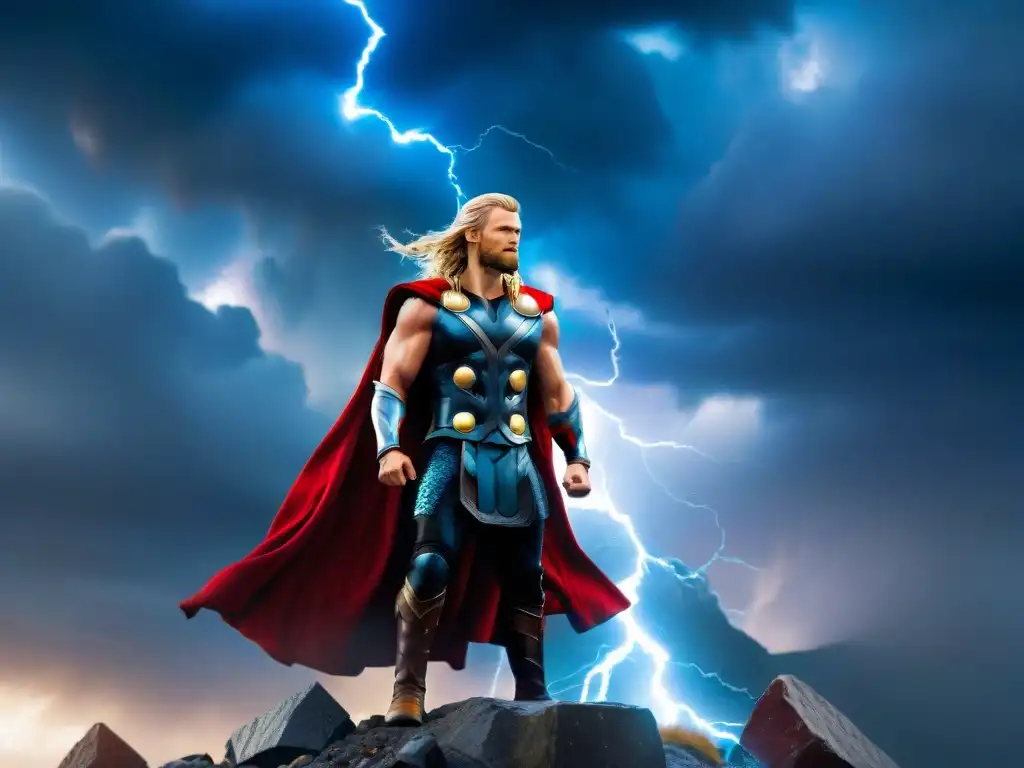 Ilustración épica de Thor, dios del trueno, en un campo de batalla tormentoso, Mjölnir en mano y relámpagos al fondo