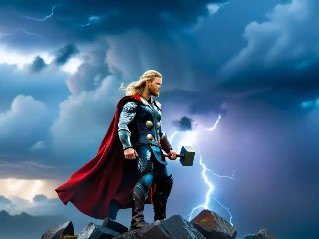 Thor, dios del trueno, erguido con su martillo en alto bajo un cielo tormentoso