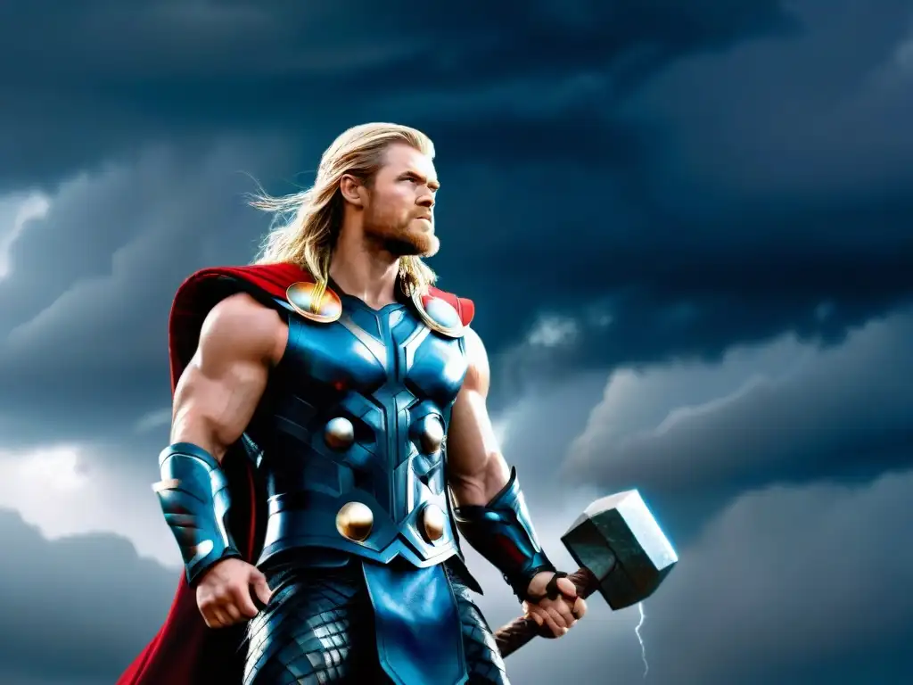 Thor, dios del trueno, con Mjölnir levantado en armadura moderna y relámpagos