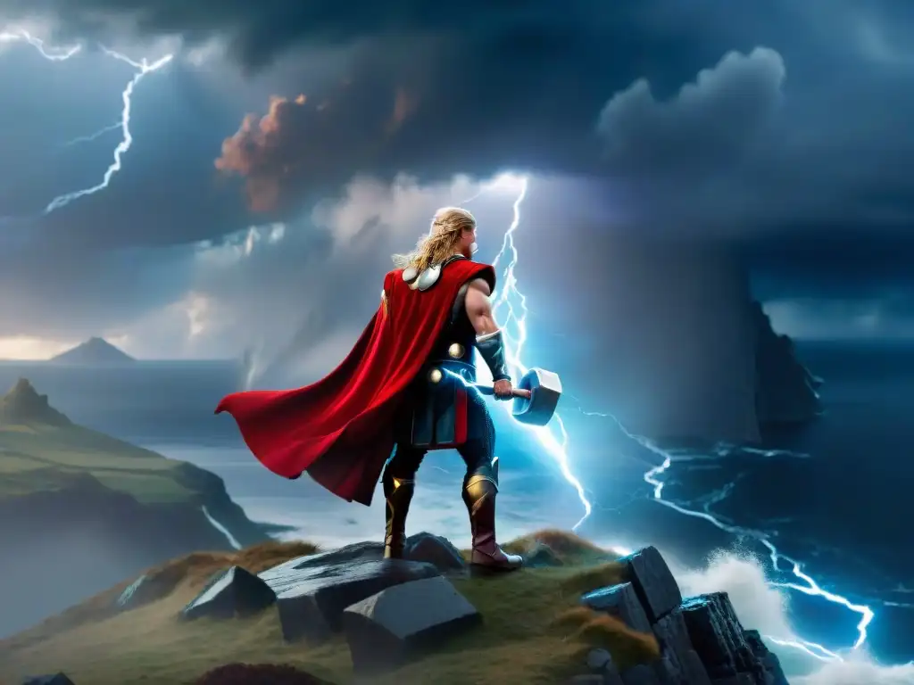 Thor, dios del trueno, en un paisaje místico y tormentoso